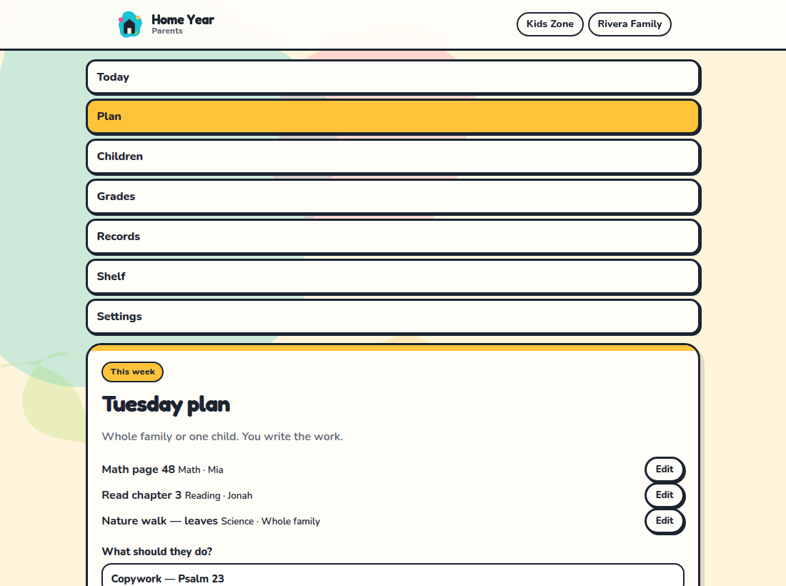 Parents Plan tab with Tuesday work for each child