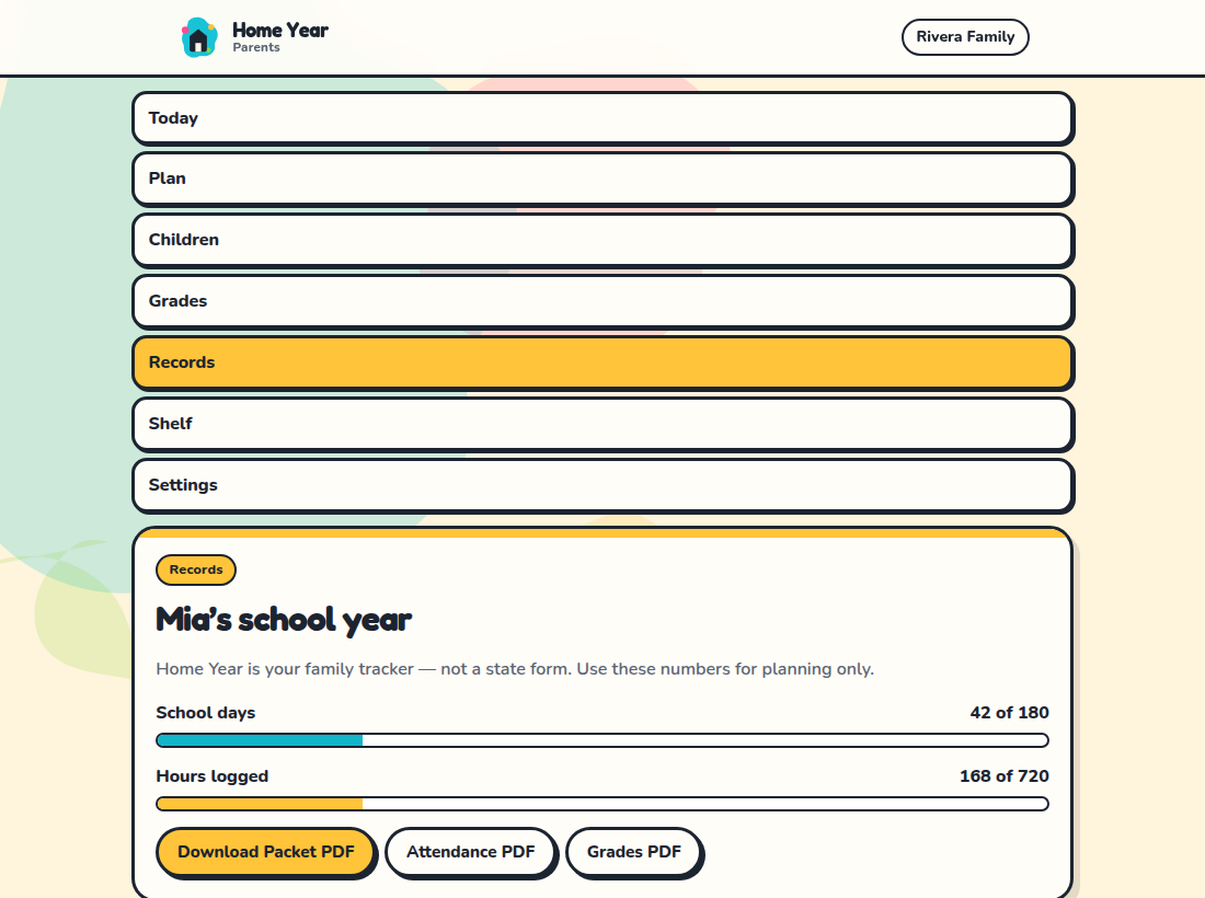 Parents Records tab with school-day and hour meters plus PDF downloads